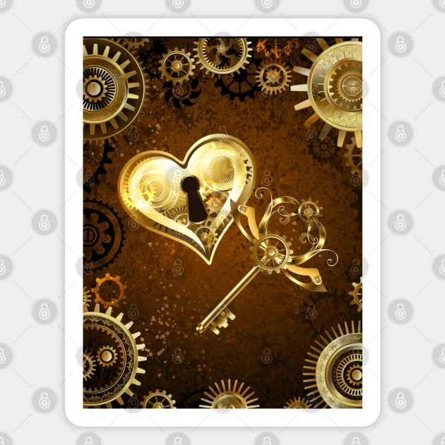 Key to My Heart Golden Key and Heart Lock Steampunk Magnet by Irene Koh Studio